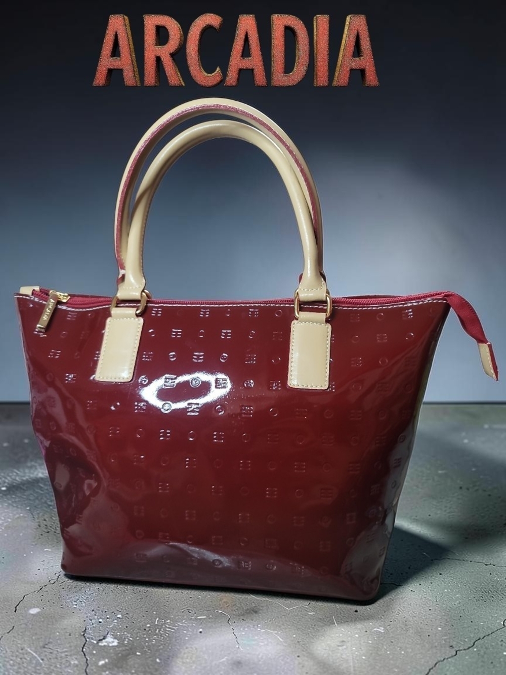 Arcadia Red Patent Tote with Cream Handles  NWOT